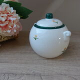 Sugar set and duo mugs, two ceramic cups decoration ducks birds green and yellow painted