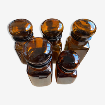 Set of 5 brown glass jars