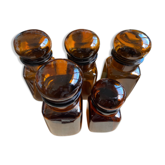 Set of 5 brown glass jars