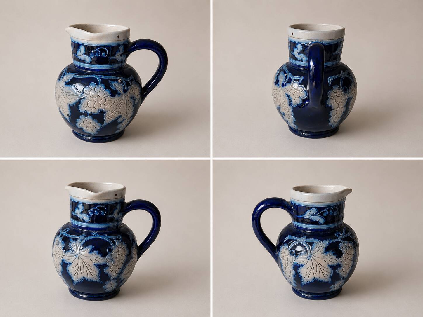 Pichet ancien Reinhold Merkelbach Grenzhausen – Grès bleu cobalt – Décor ra