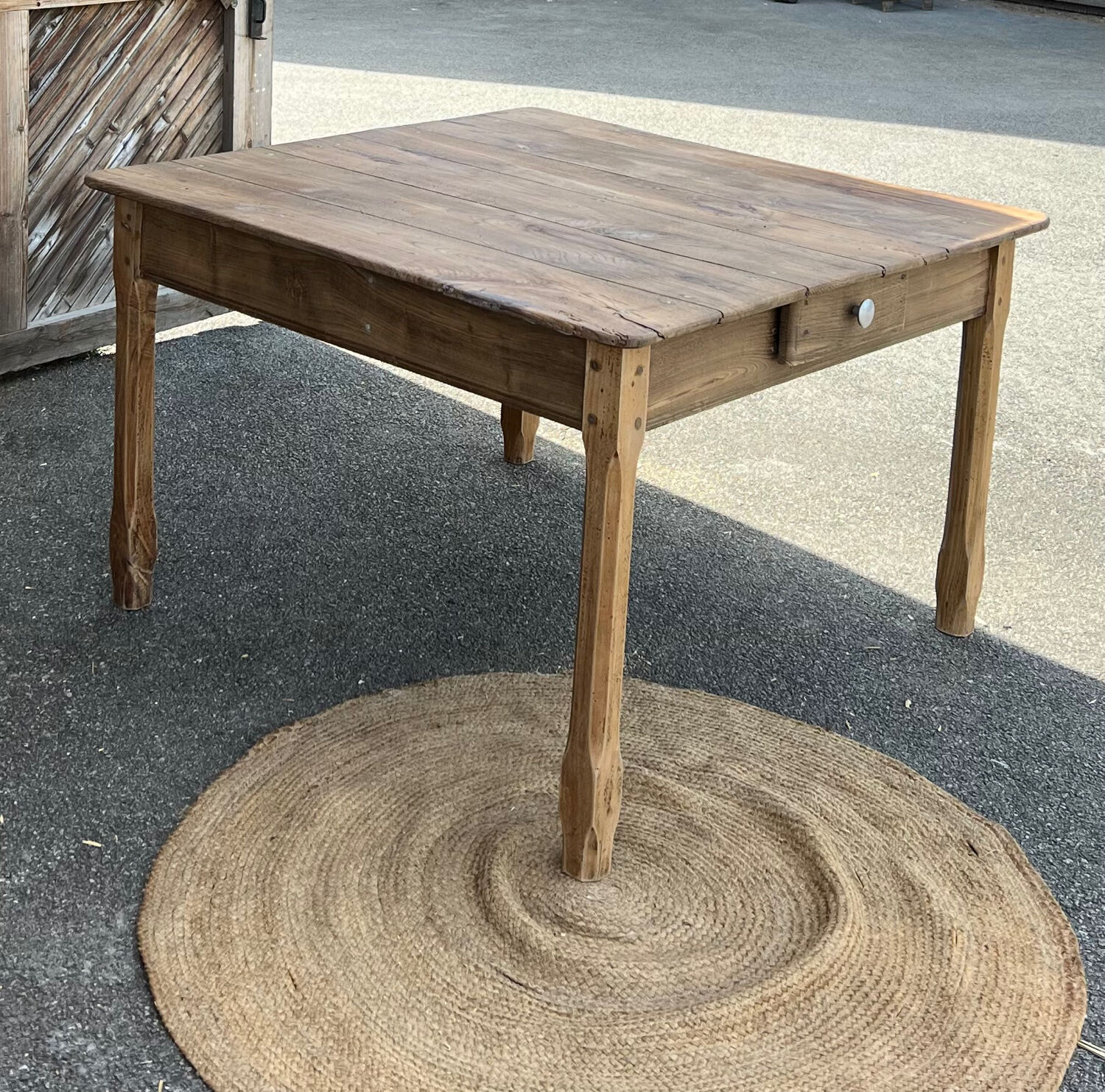 Large square antique farmhouse table in raw solid oak with 1 drawer.