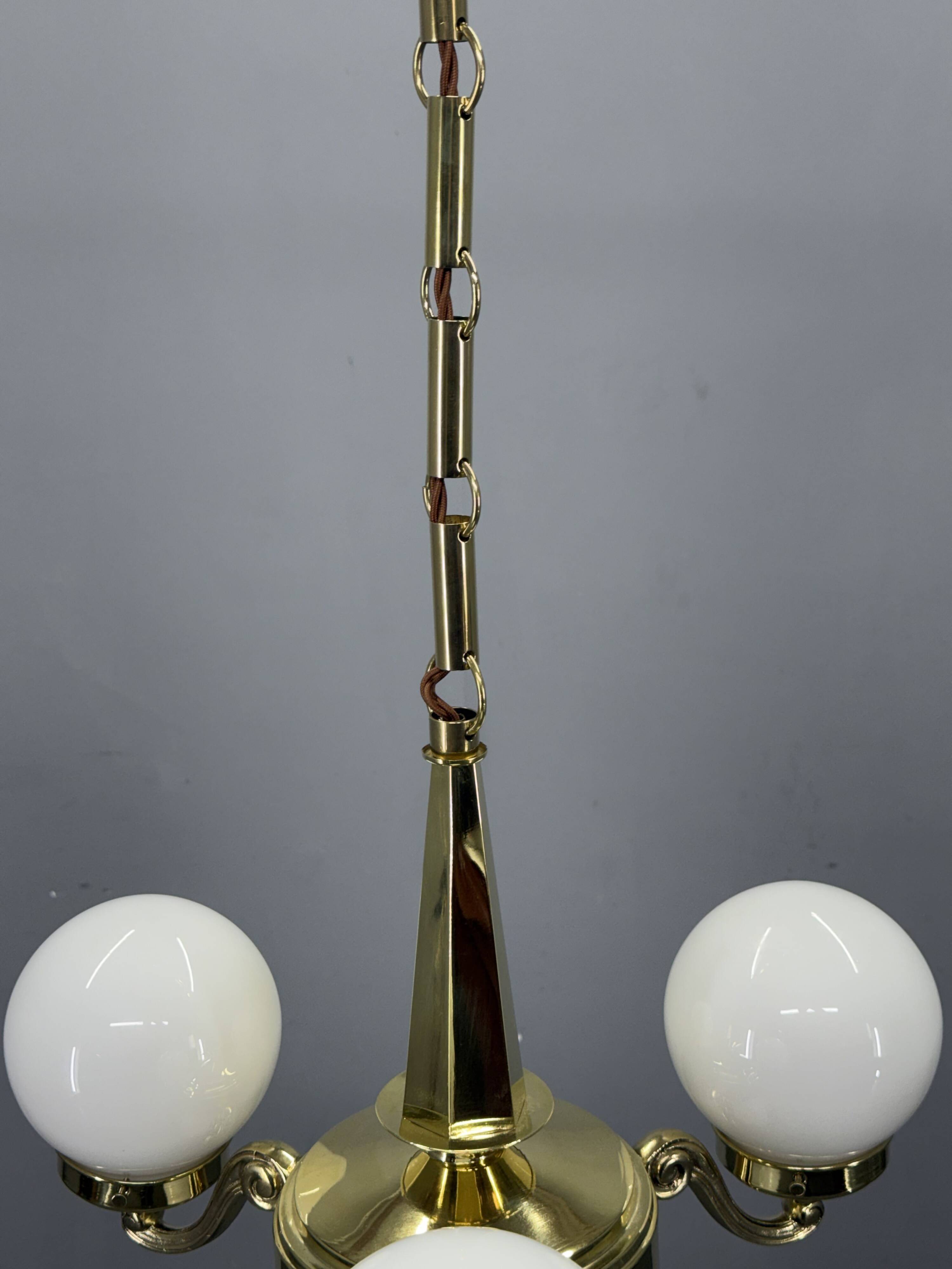 Art Deco Brass and Opaline Glass Chandelier, 1930s