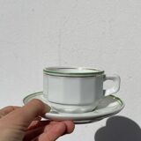 Pair of vintage Apilco style bistro cups in white and green ceramic