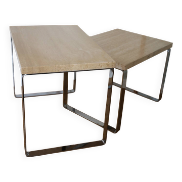 2 tables gigognes acier chromé travertin