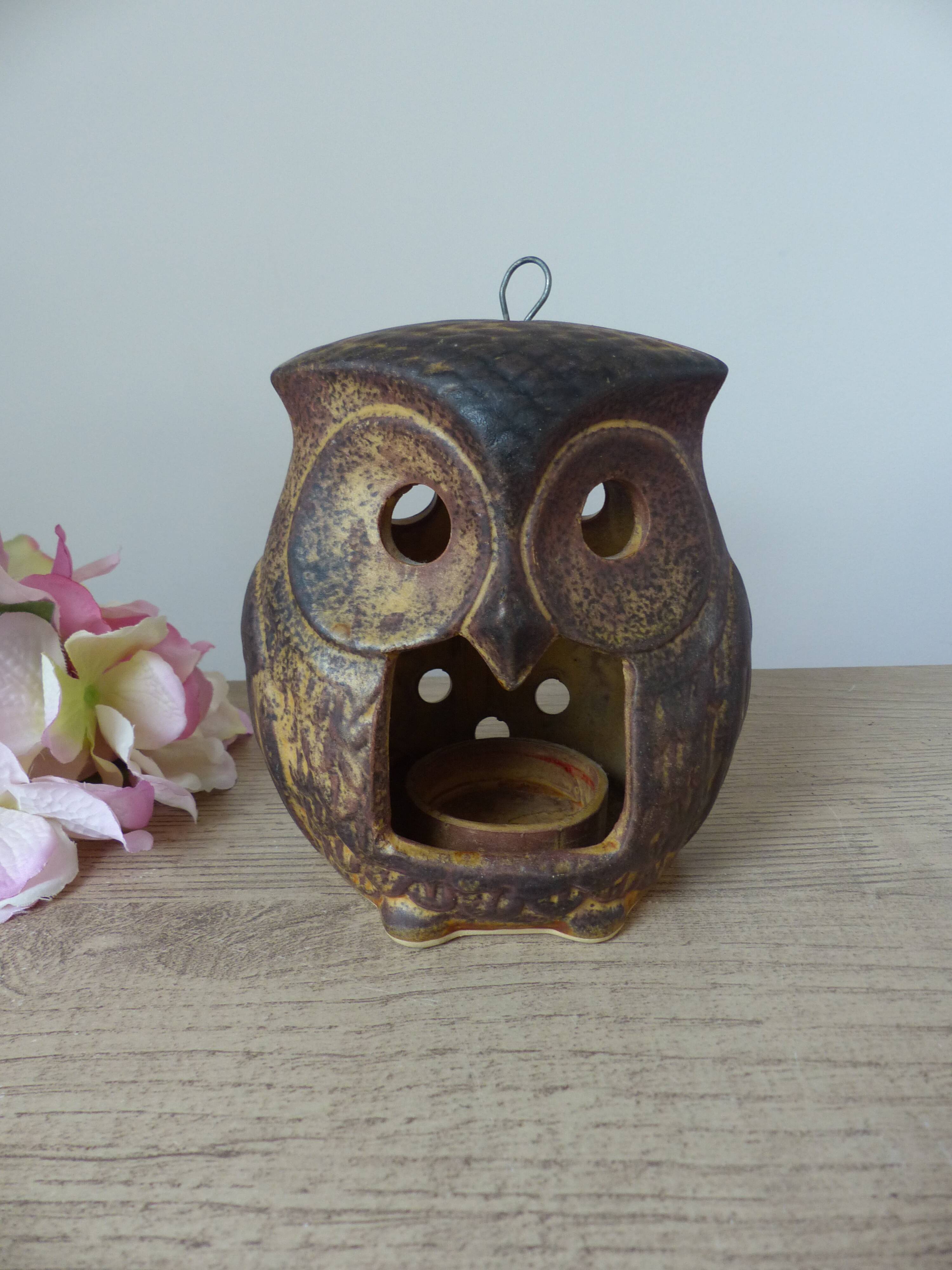 Vintage owl shaped stoneware tealight candle holder, owl lantern