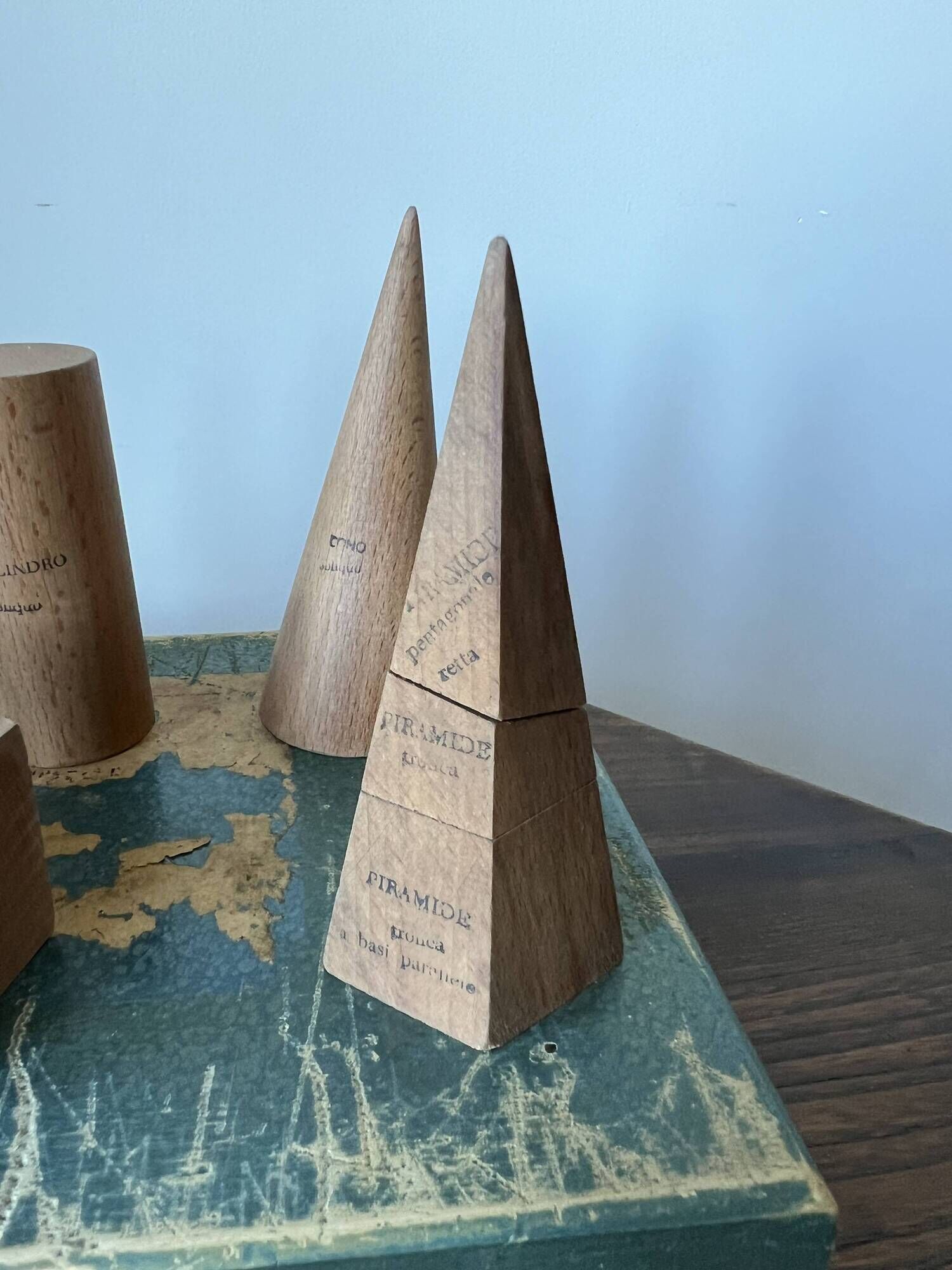 Vintage antique wooden geometric educational shapes. Italy, early 20th C