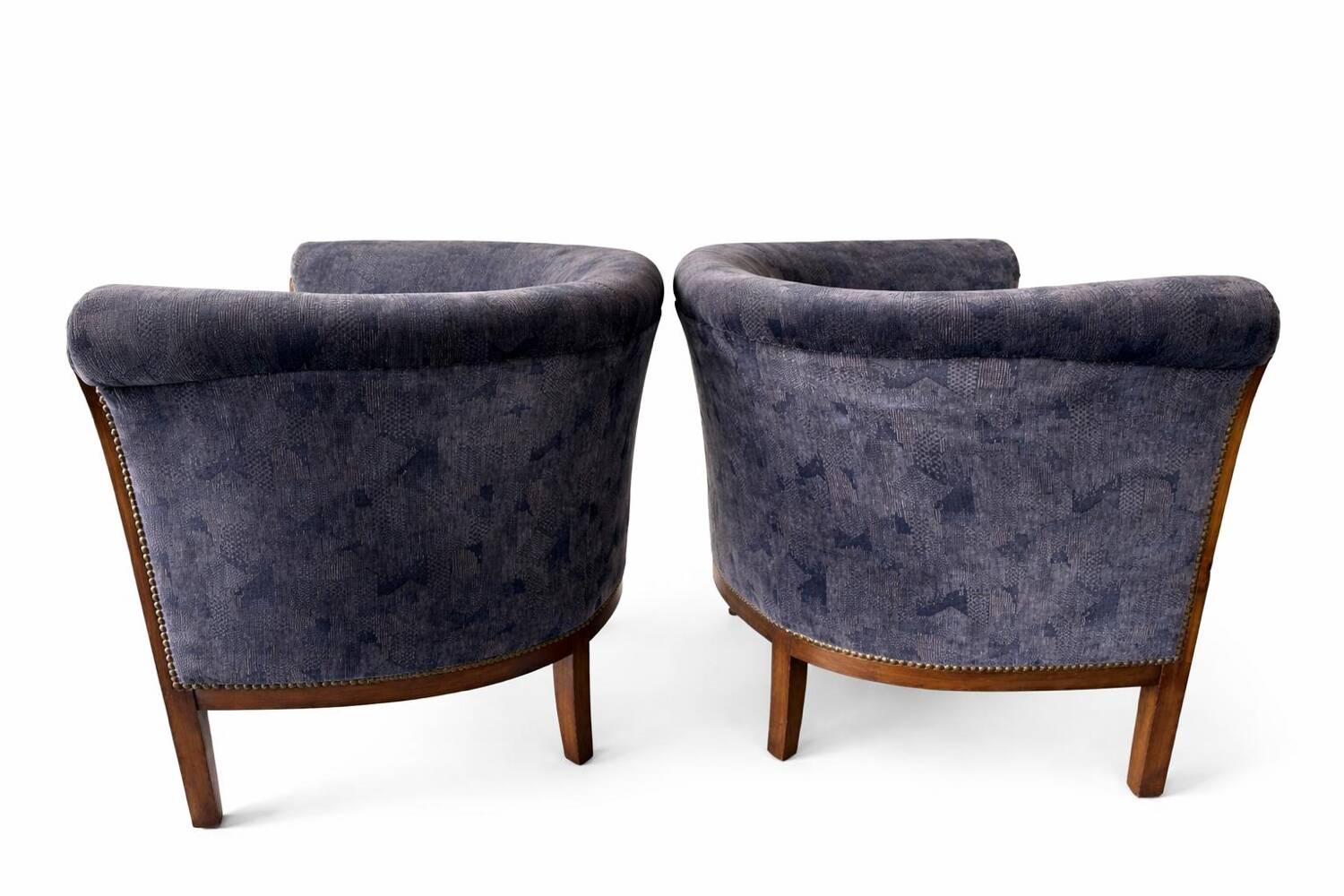 Pair of vintage barrel chairs in blue-grey velvet - 1950s/60s