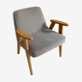 366 armchair in oak and gray velvet