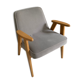 Fauteuil 366 en chêne et velours gris