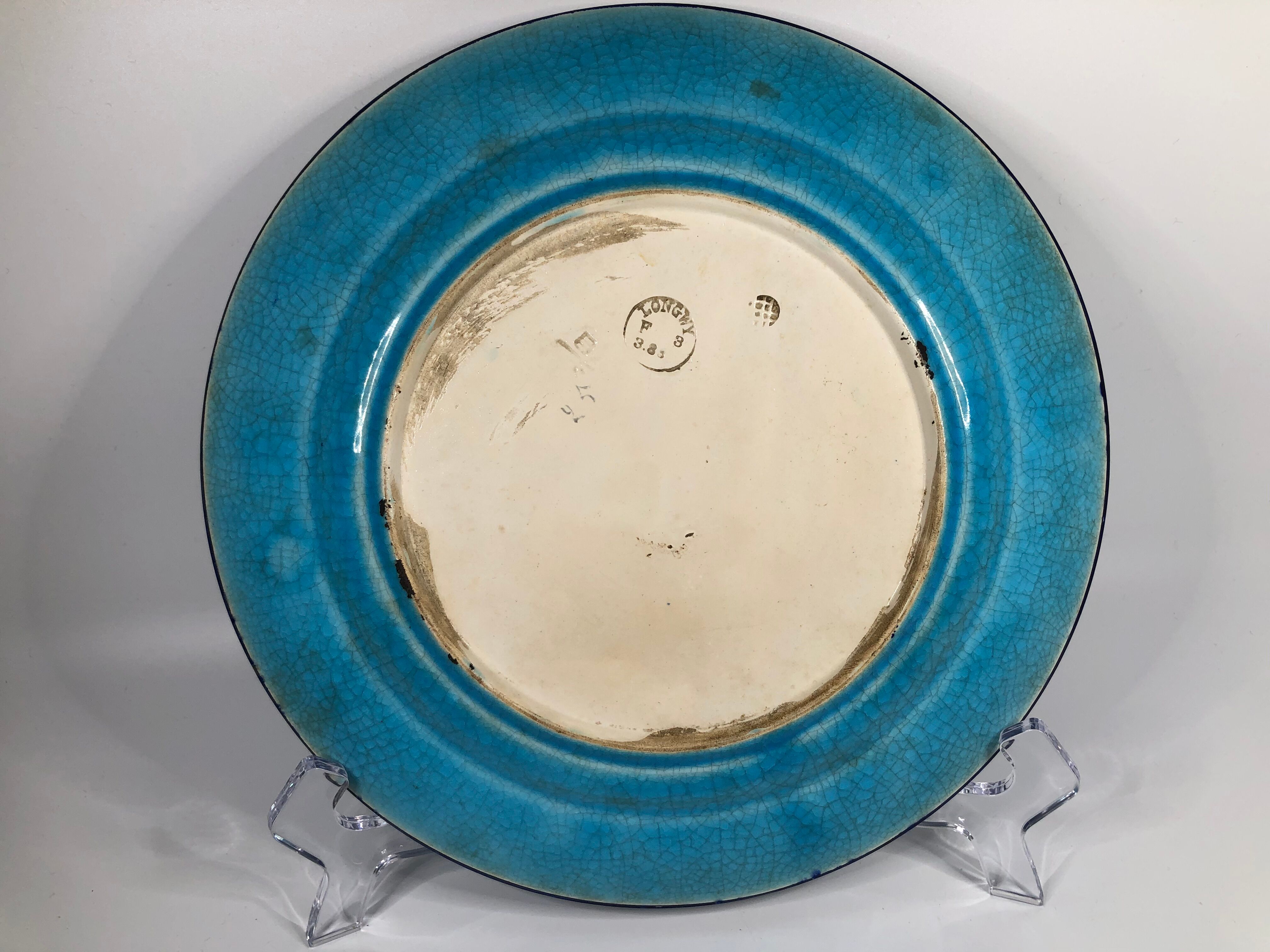 Longwy enamel blue plate bird and peony pattern