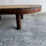 Roger Capron brown-ochre ceramic tile coffee table with wooden base, oval leaf-motif top