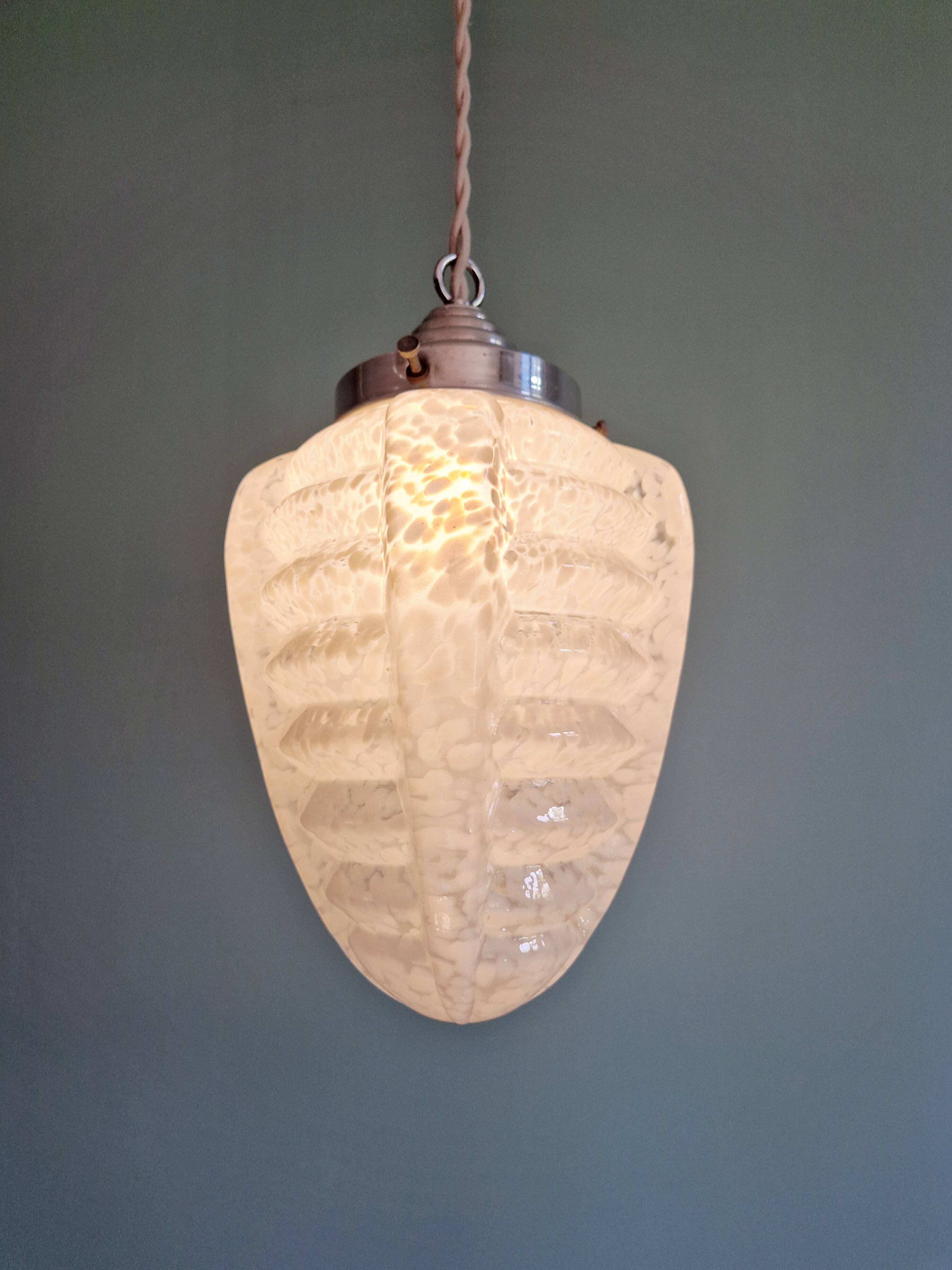 Art Deco pendant light in white speckled glass, 1920s-30s