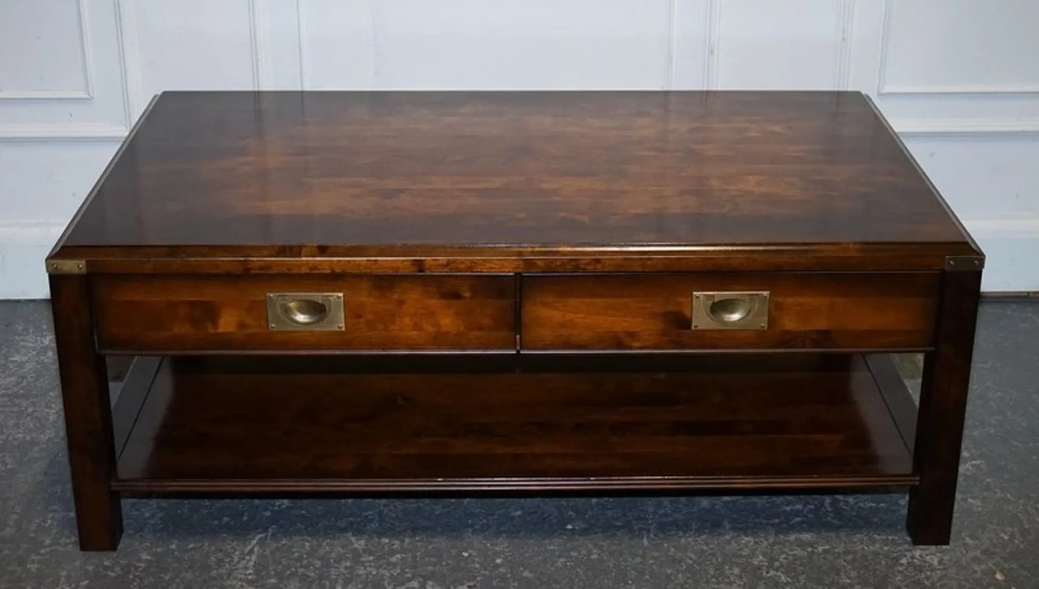 Vintage Military Campaign Coffee Table in Brass and Hardwood with Drawers