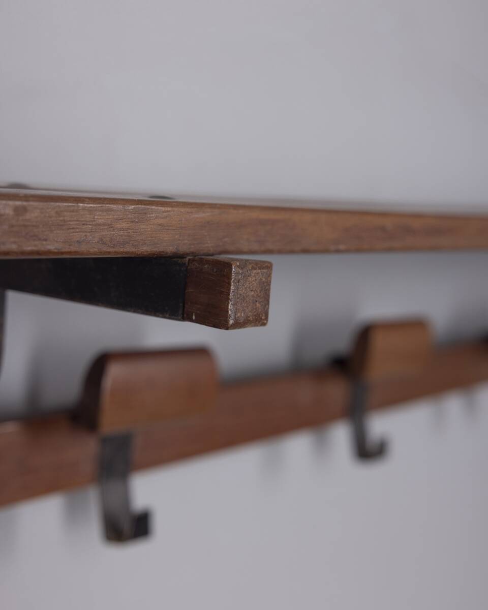 Vintage 1960s wall coat rack in metal and wood, italian design