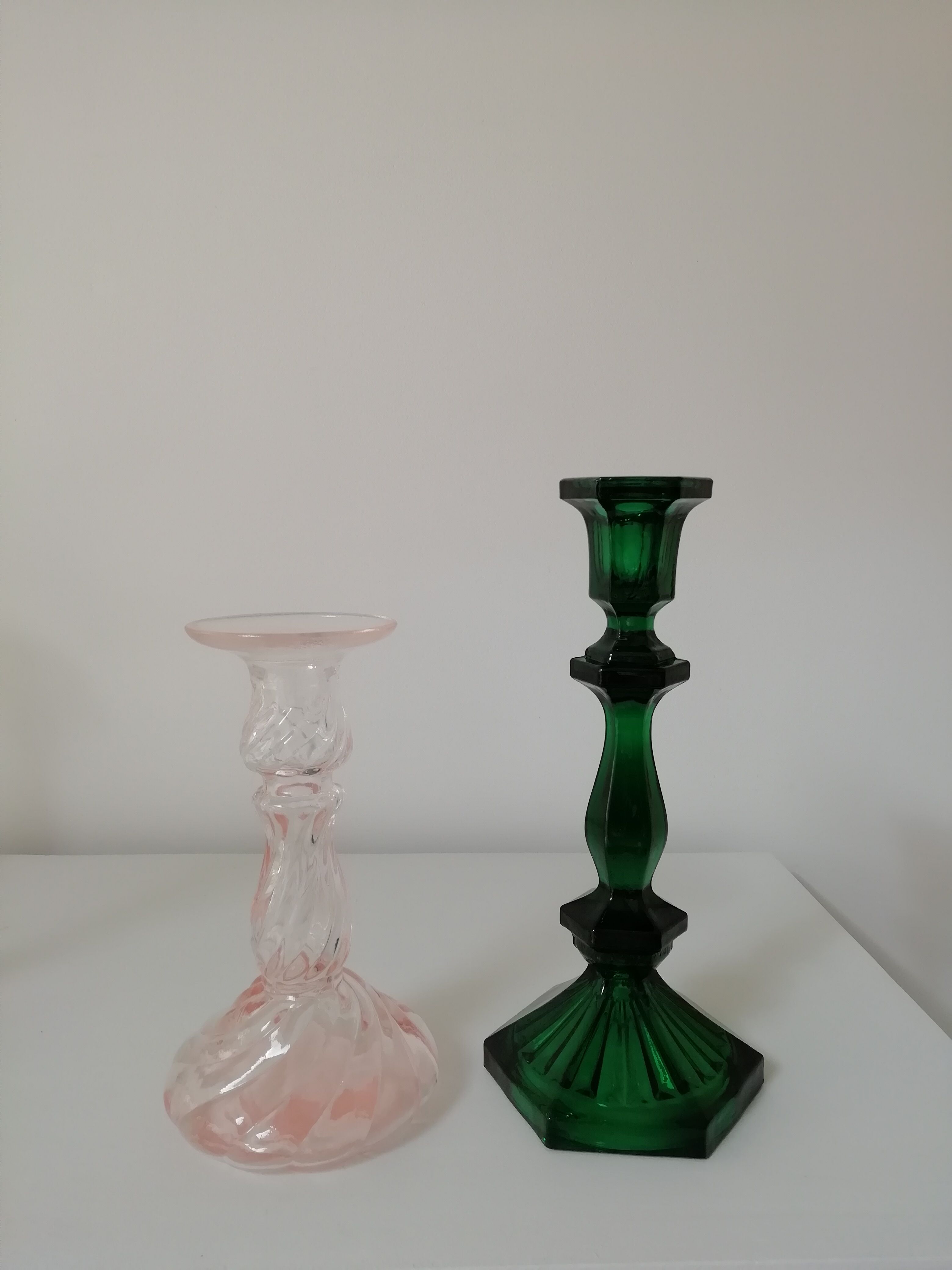 Pair of glass candle holders, pink and green