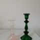 Pair of glass candle holders, pink and green