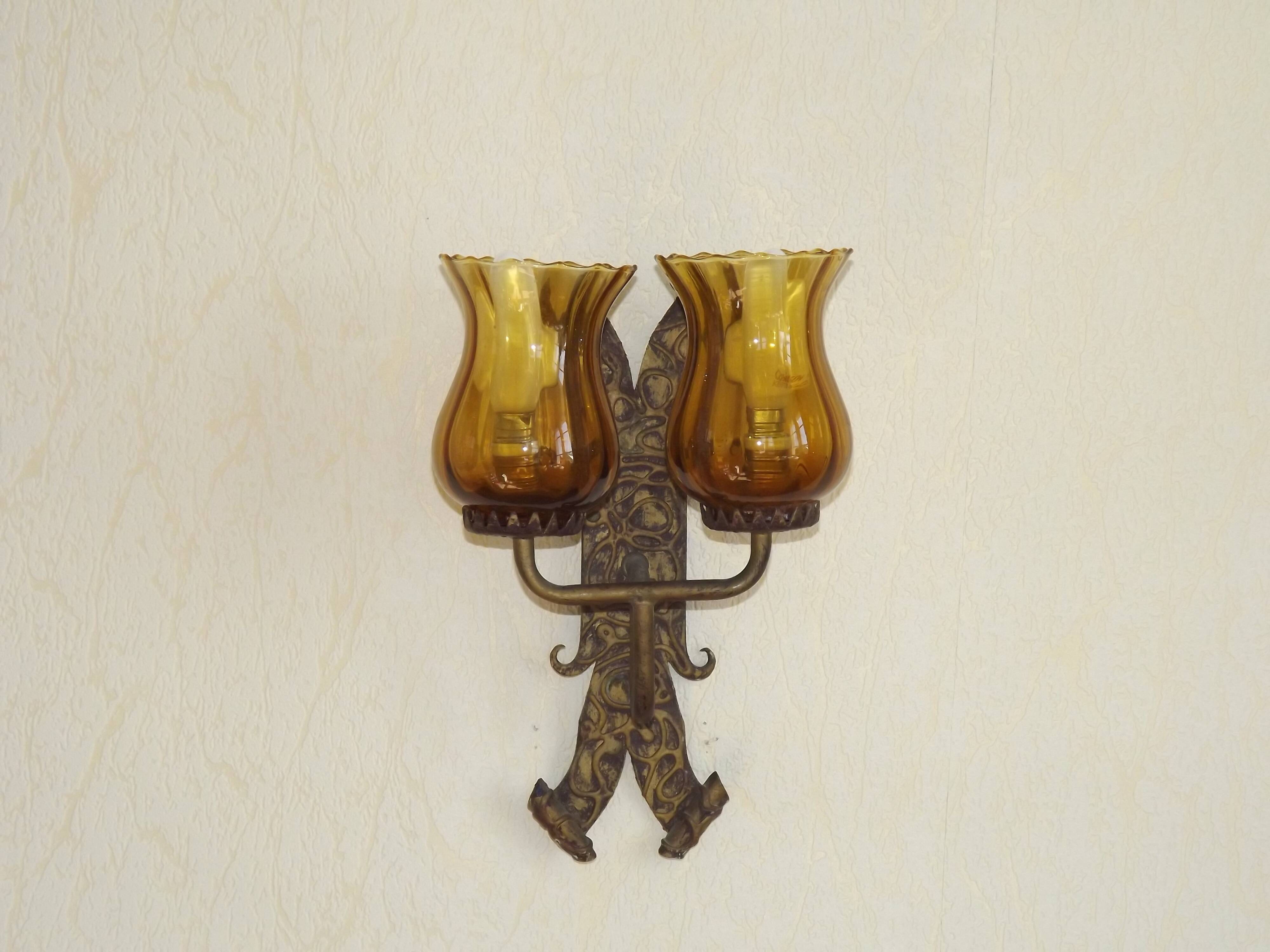 Double Hand Forged Wrought Iron Medieval Style Wall Light with Amber Glass Shade
