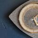 Vintage formica clock silent asymmetrical wall pendulum "Anthracite gold round"