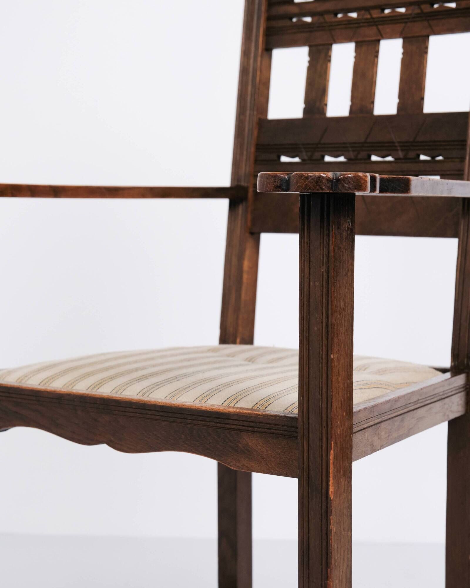Antique armchair - oak - striped upholstery - 1930s