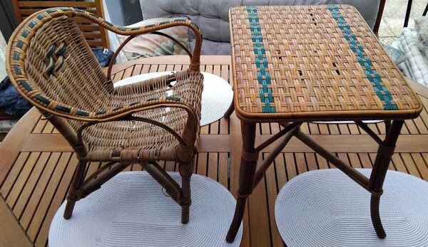 Ensemble table et fauteuil enfant en osier / rotin vintage années 60