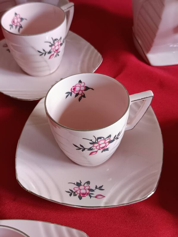 Service à café rose Art Déco Victoria Porzellan Bohême – 12 tasses – années