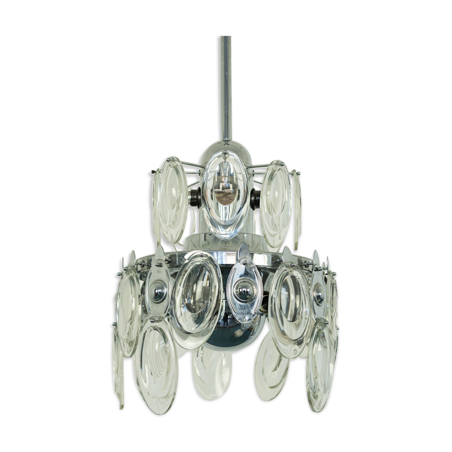 Chandelier 12 lights chrome metal 1970s vintage