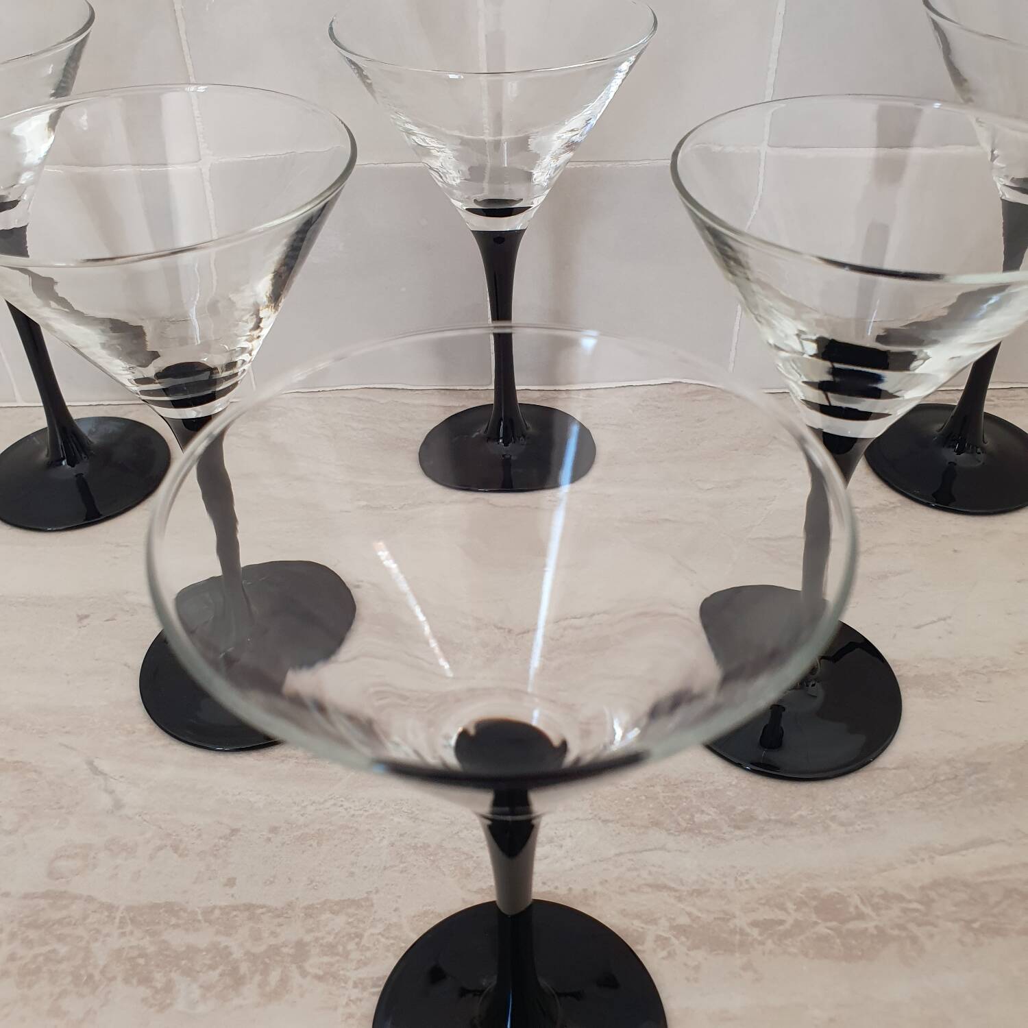 6 cocktail glasses / black stem martini glasses