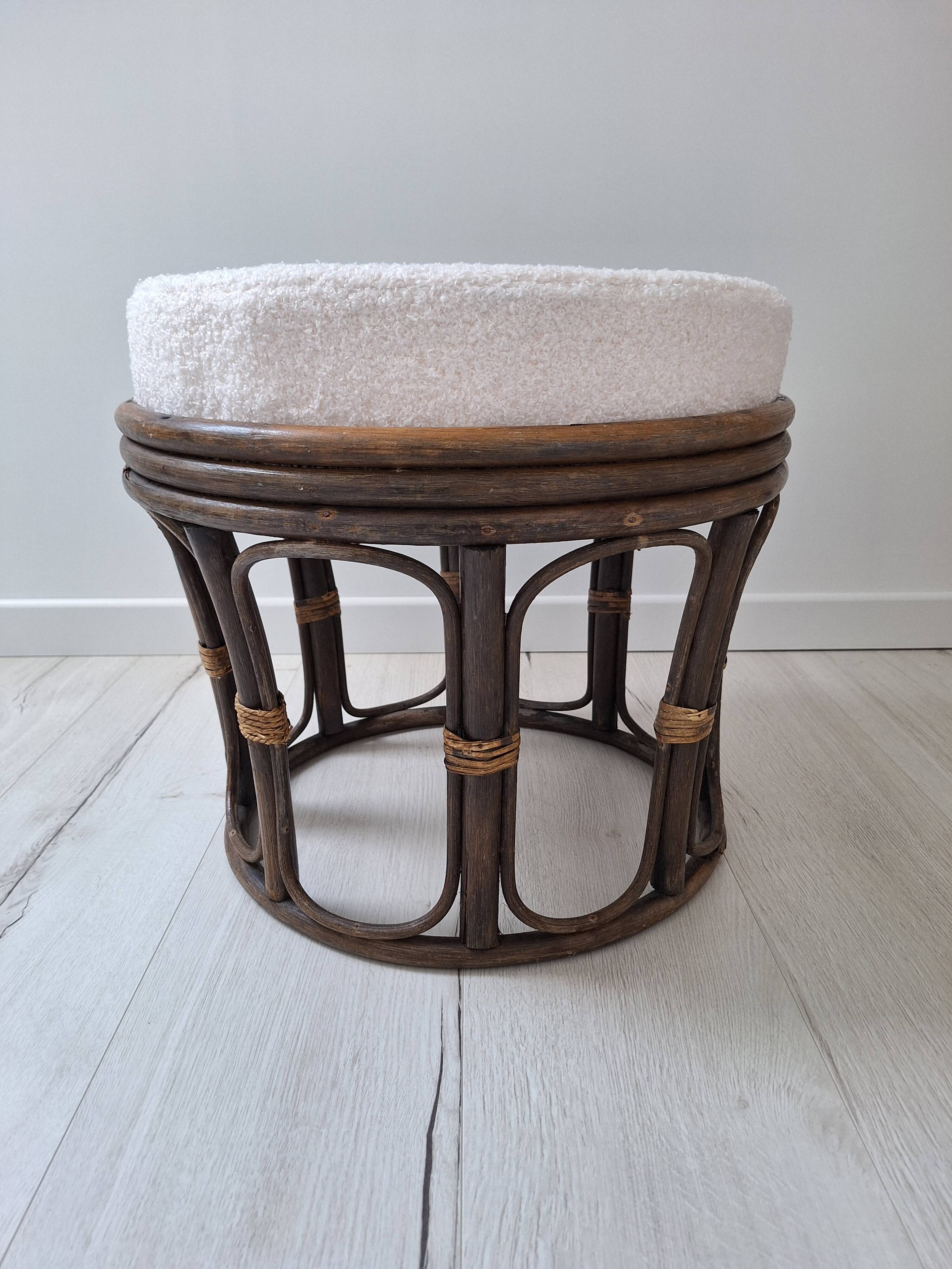 Vintage rattan and French terry fabric pouf
