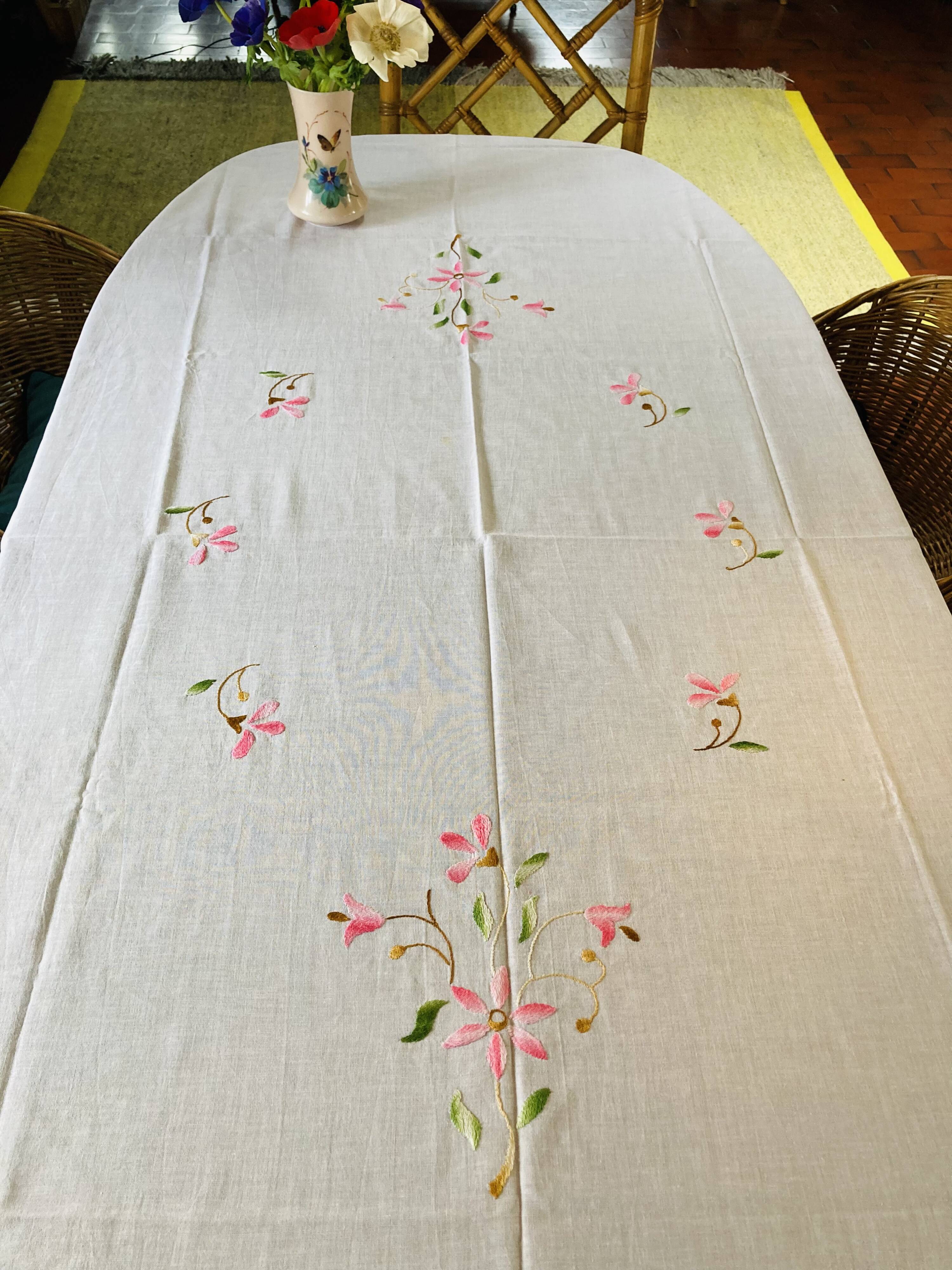 Embroidered white cotton tablecloth
