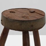 Brutalist French 1850s solid oak tripod stools with metal rim, set of 4