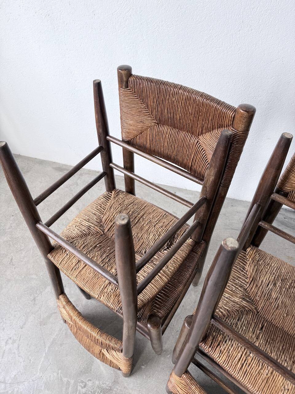 Set of 6 straw and oak Beauche chairs.