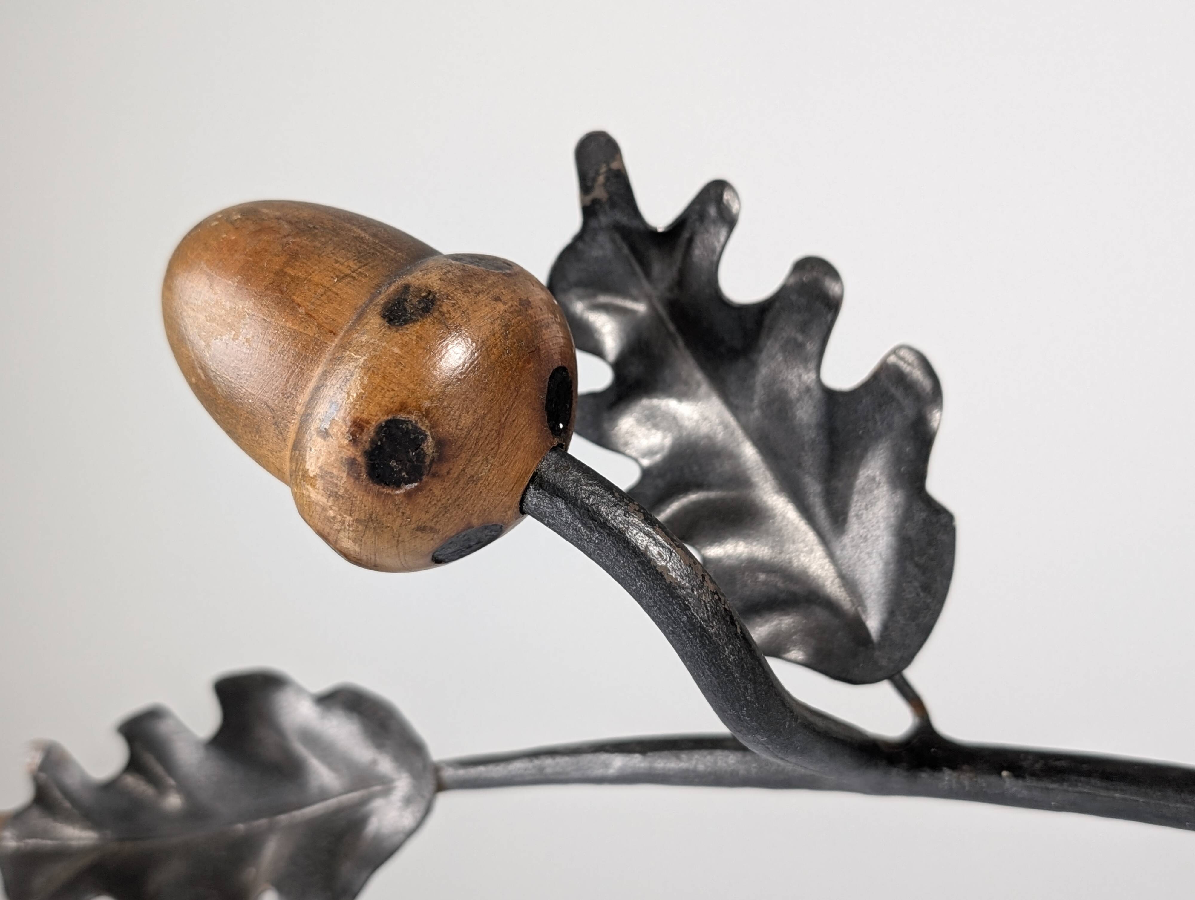 Signed Hand-Forged Iron & Wood Acorn Coat Rack, 1960s