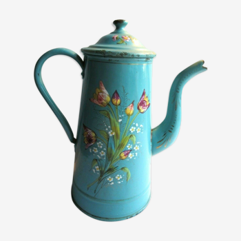 Cafetière art déco tôle émaillée en relief tulipes et myosotis sur fond vert