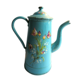 Cafetière art déco tôle émaillée en relief tulipes et myosotis sur fond vert