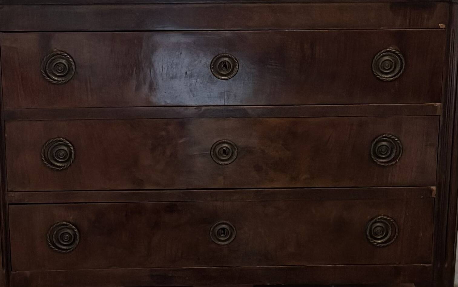 Commode ancienne 3 tiroirs style Empire/Restauration Poignées bronze cordée