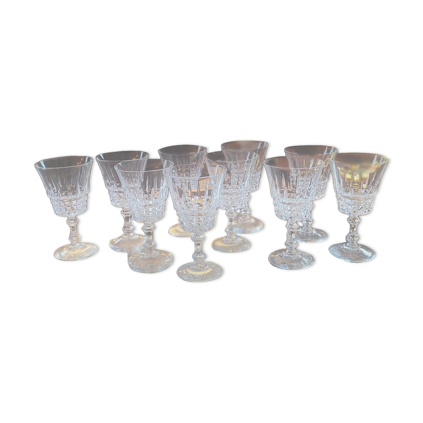 Set of 10 cut crystal stemmed glasses - France, circa 1950-197