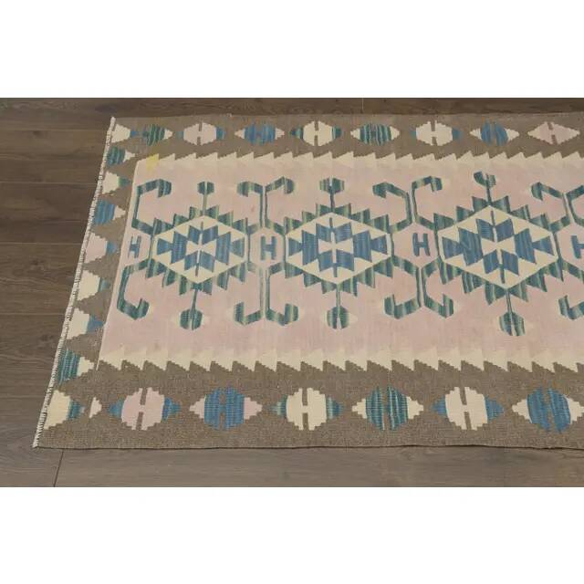 1970s Vintage Turkish Oushak Handmade Wool Cotton Pink Runner Rug 93x176