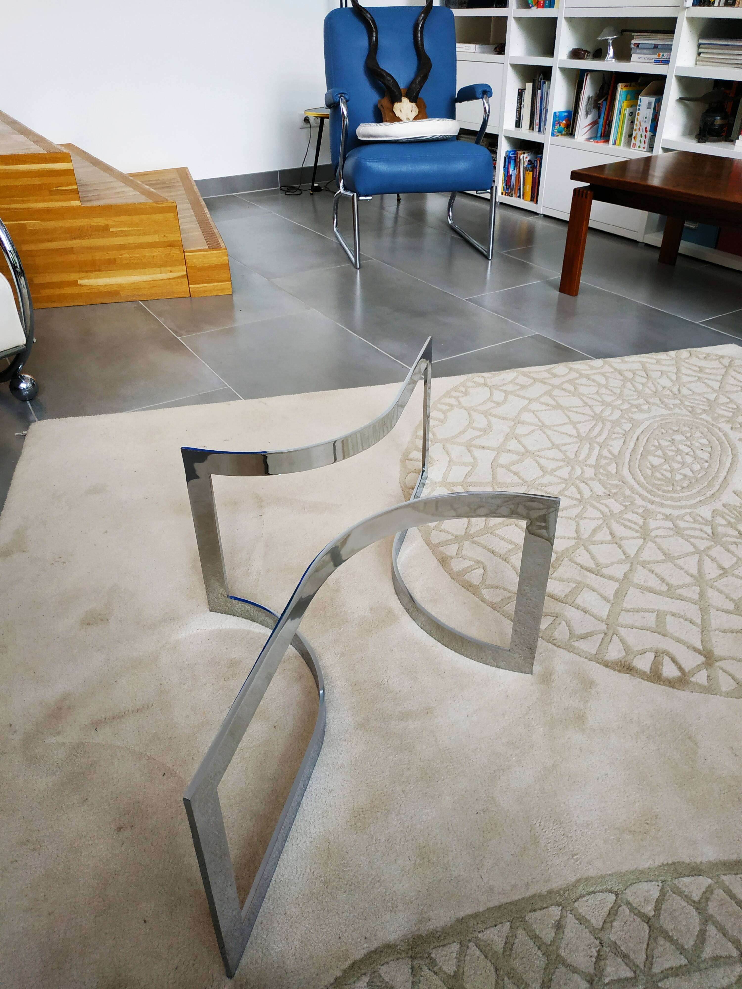 Paul Legeard's coffee table chrome metal and oval smoked glass tray typical of the 70s