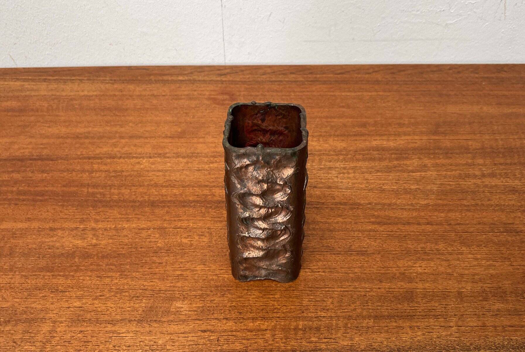 Brutalist metal block vase from the mid-century, 1960s.