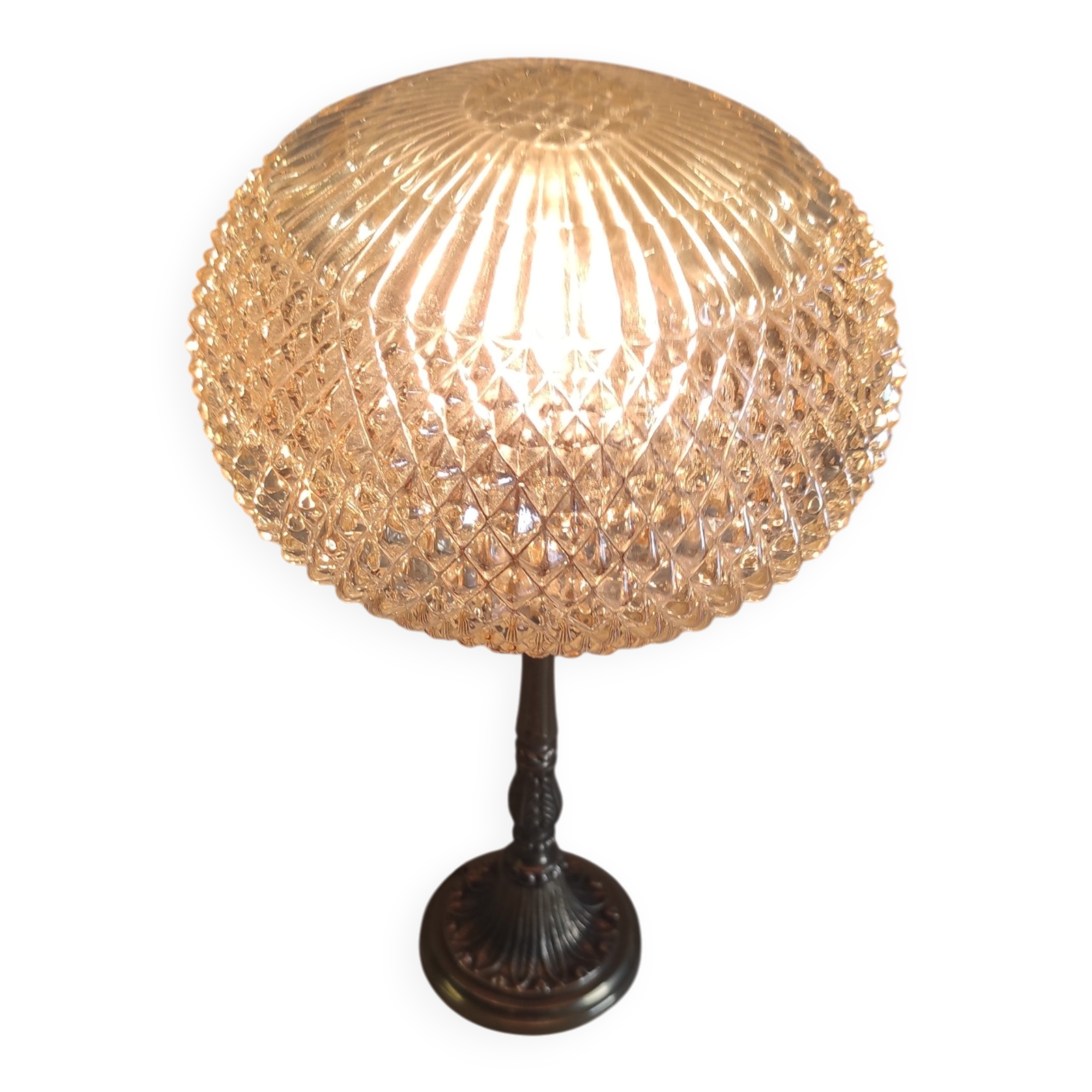 Table lamp in gilded brass and amber glass - mid 20th century.