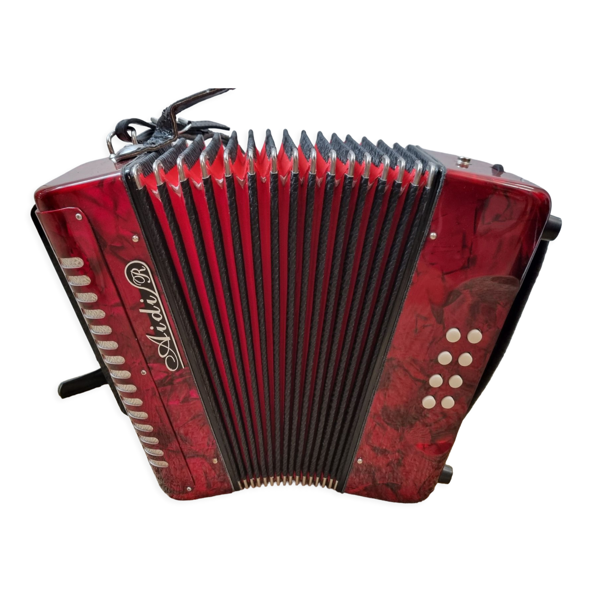 Red Aidi R accordion in his suitcase