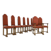 Lot de 6 chaises et 2 fauteuils à haut dossier en chêne et tissu