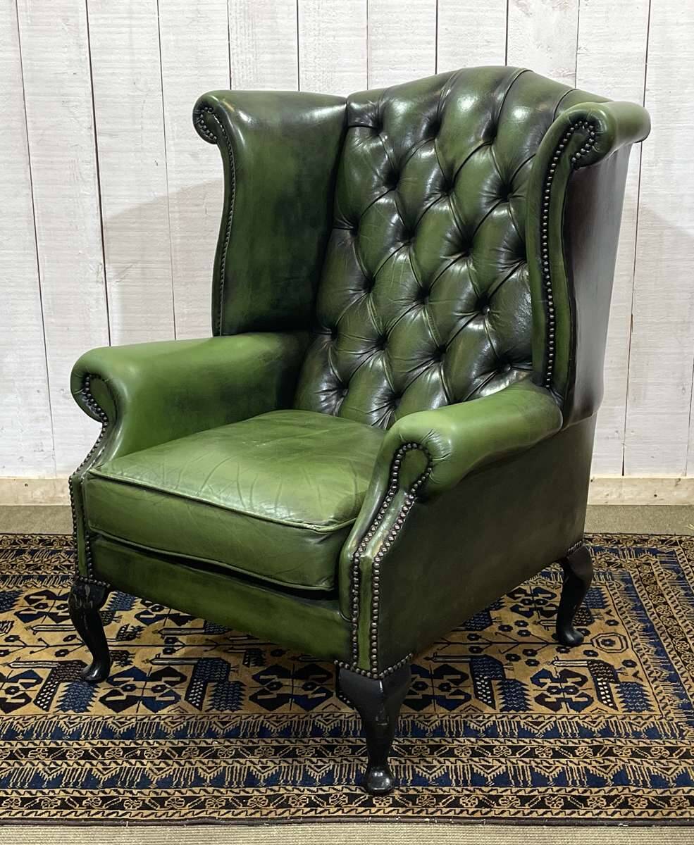 1970s Chesterfield Wingback Chair in Green Leather