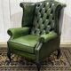 1970s Chesterfield Wingback Chair in Green Leather