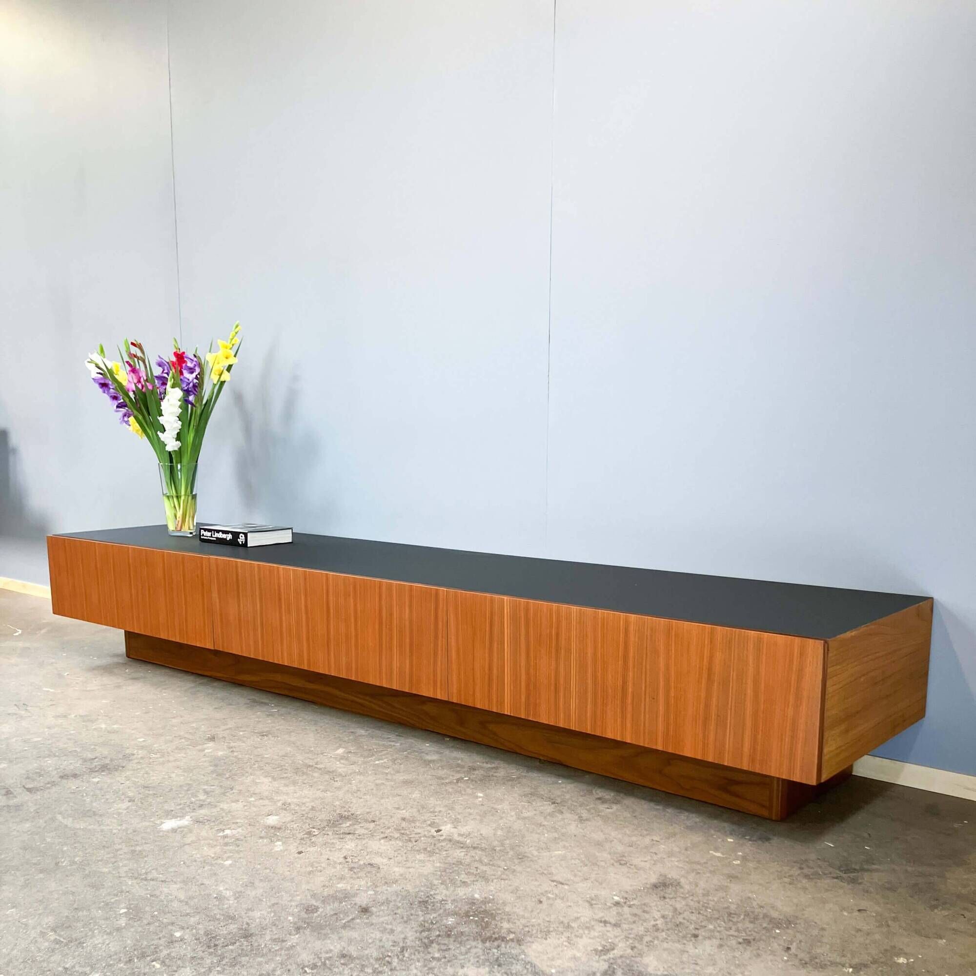 Minimalist XXL lowboard, teak and black top, 1960s
