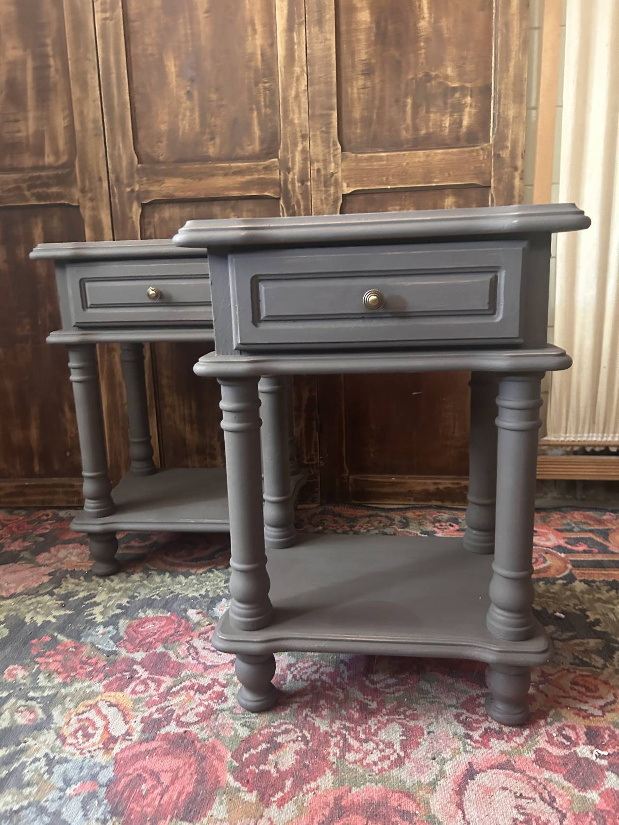 Pair of vintage bedside tables in fir, reimagined – waxed finish – both elegant.