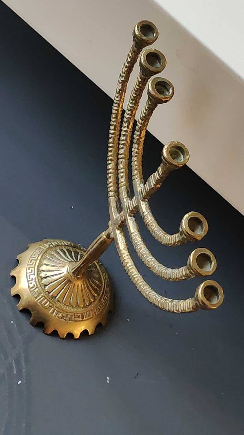 Jewish Menorah/Candlestick with 7 arms. Engraved Jerusalem, signed Wainberg Dim 16x16