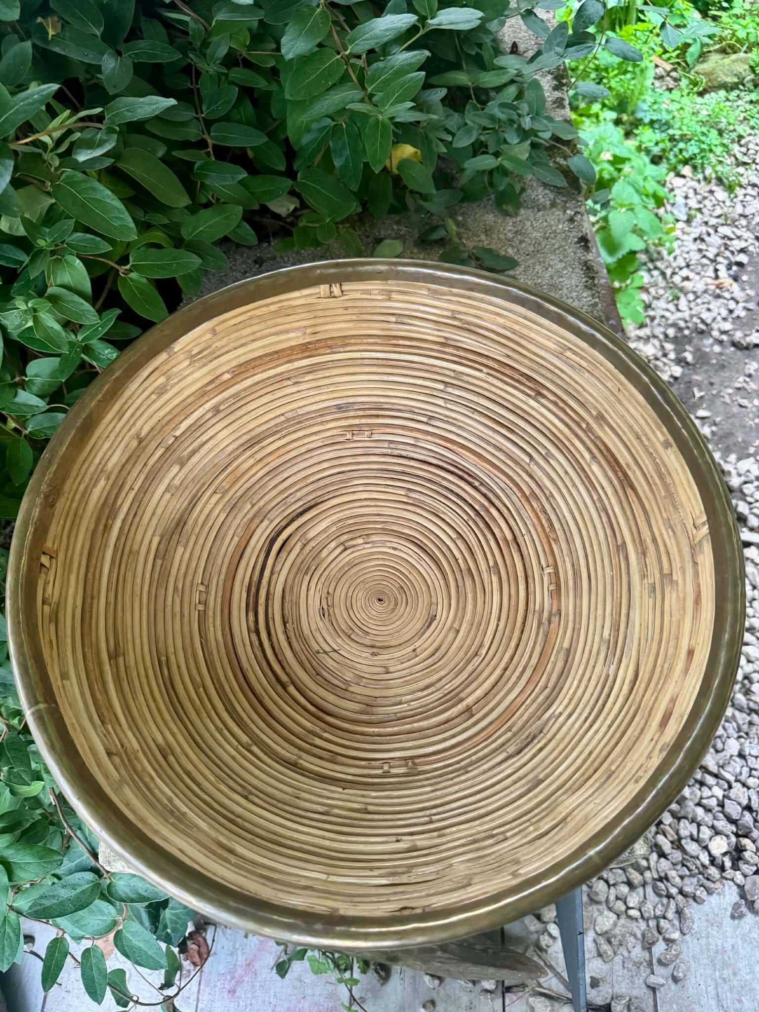 Large wicker basket brass Gabriella Crespi 1960s Italy vintage