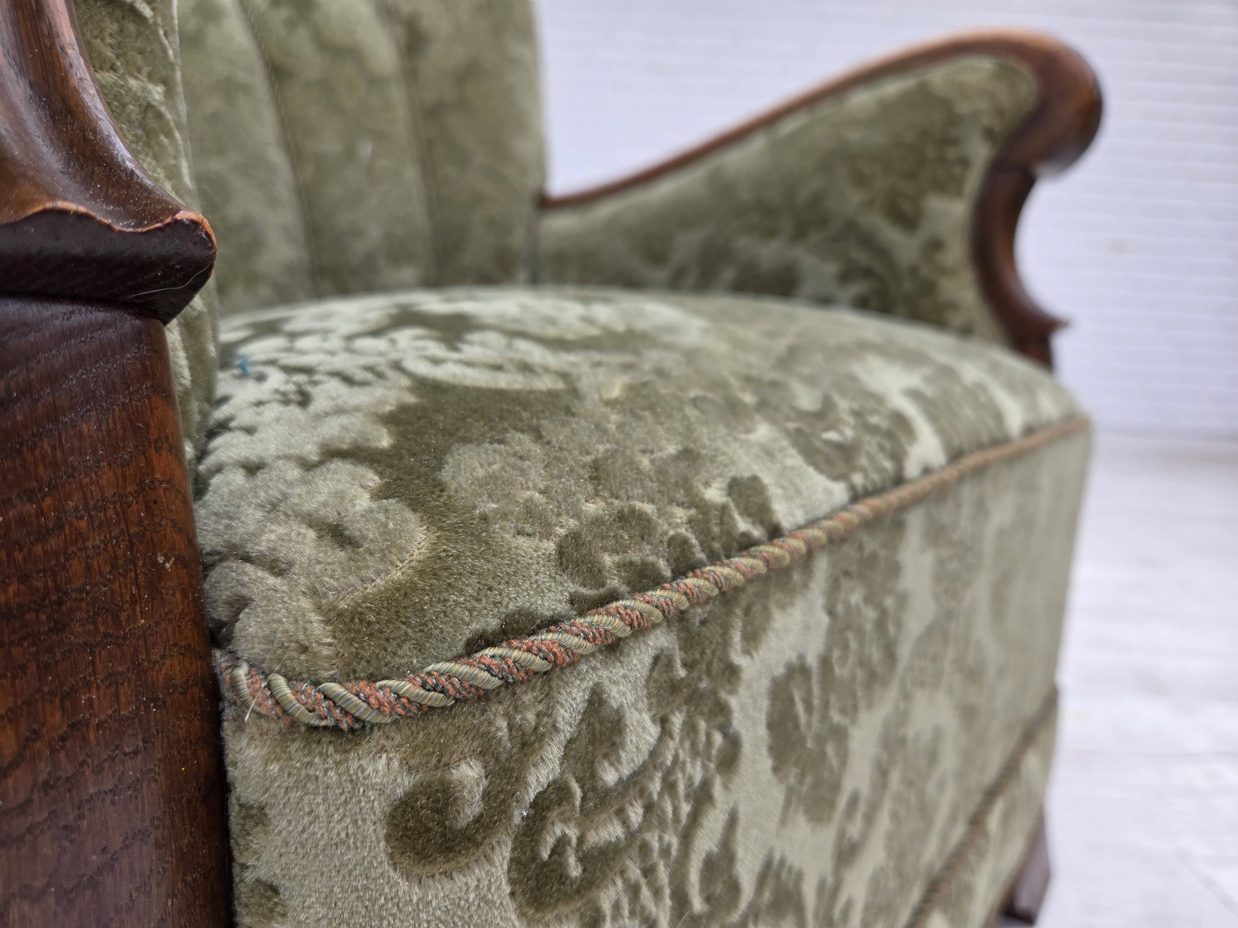 1960s, Danish armchair, green furniture velour, solid oak wood.