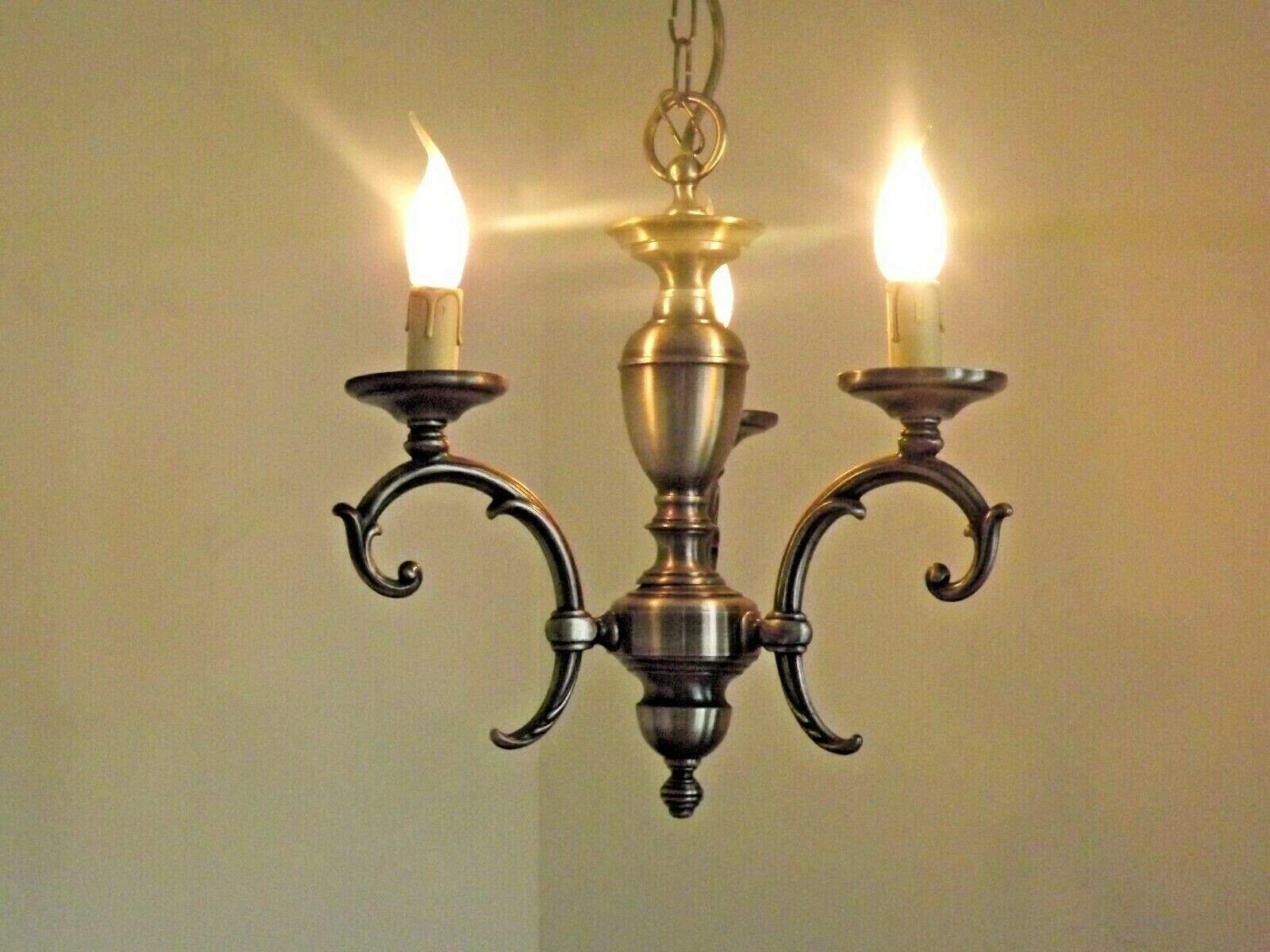 French brushed silver metal 3 light chandelier scroll leaf detail